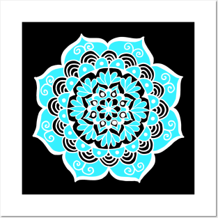 Sky Blue Black and White Mandala Posters and Art